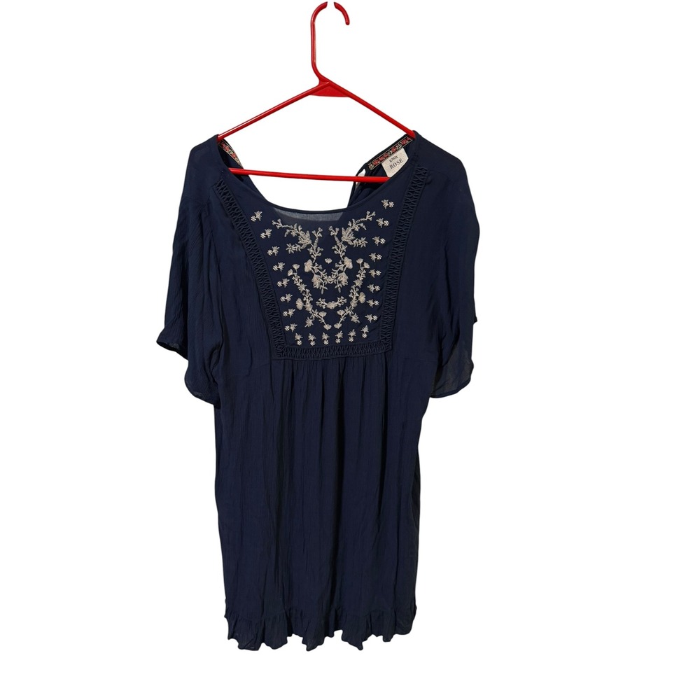 Knox Rose Size Medium Navy Blue Embroidered Boho Dress Short Sleeve Ruffle Hem